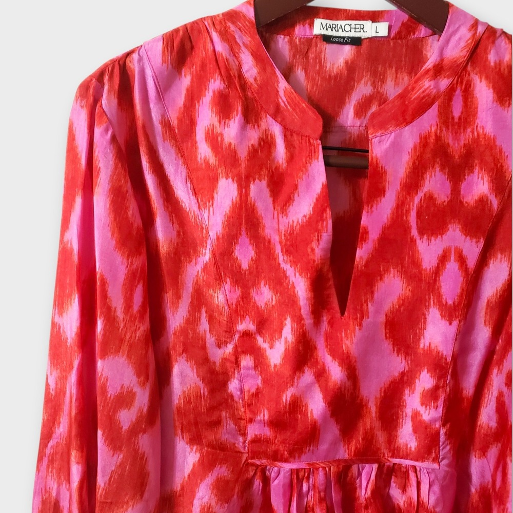 Maria Cher Loose Fit 100% Silk Blouse Pink Red Ikat Print Bishop Sleeve Large - Picture 2 of 11